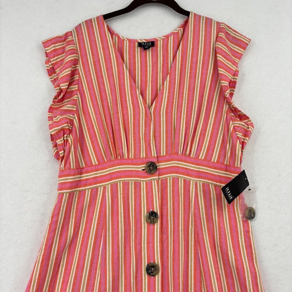 A.N.A Midi Shirt Dress Size L Pink Orange Stripe Linen Blend Button Up Cap Sleev - Picture 2 of 14